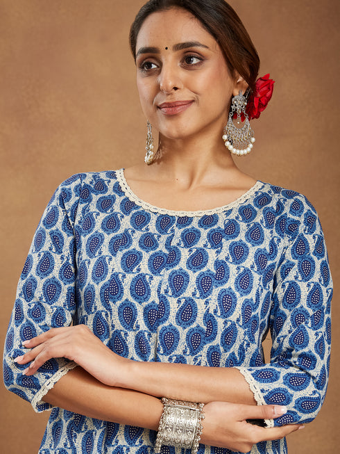 Janasya Women's Indigo Blue & Beige Pure Cotton Paisley Printed Anarkali Kurta With Palazzo Set